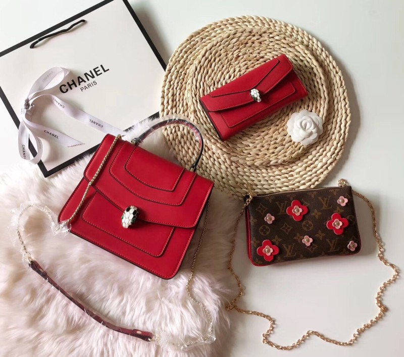 BVLGARI Red Fashion Striped Zipper Flowers Genuine Leather Women's Handbags Clutches Wallet Combination Bags