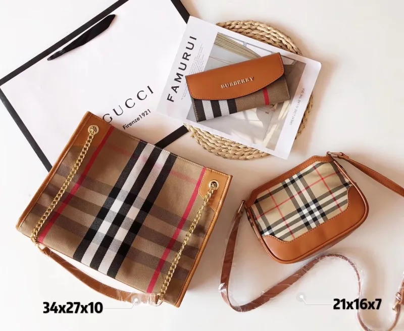 BURBERRY Camo Fashion Striped Zipper & Hasp Other Genuine Leather Women's Handbags Tote Bags Wallet Combination Bags