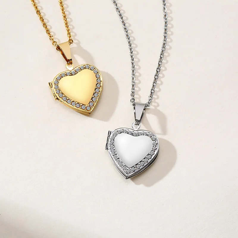 Wholesale Stainless Steel Photo Engraved CZ Heart Frame Pendant