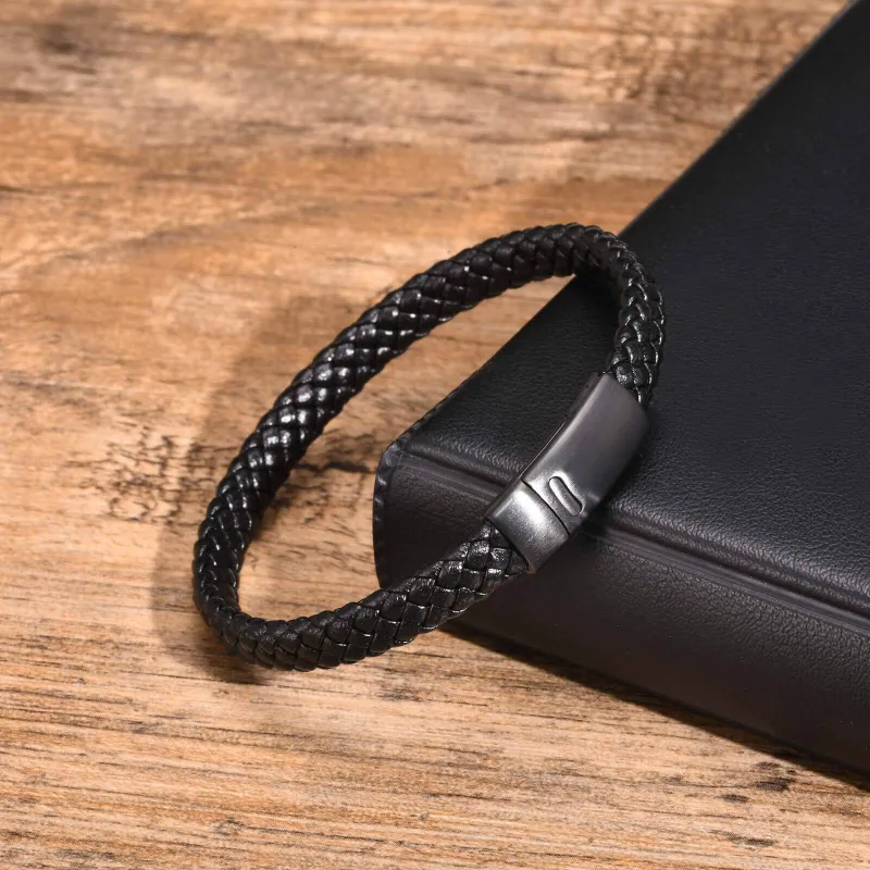 Wholesale Black Braided Leather Men's Bracelet
