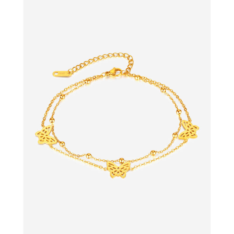 Wholeale Stainless Steel Butterfly Beads Double Layers Anklet