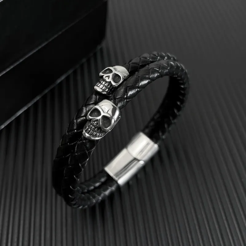 Wholesale Stainless Steel Skull Leather Bracelet
