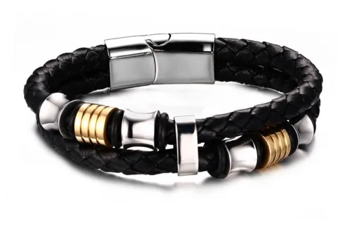Mens IP Gold Beads Black Braid Leather Bracelet