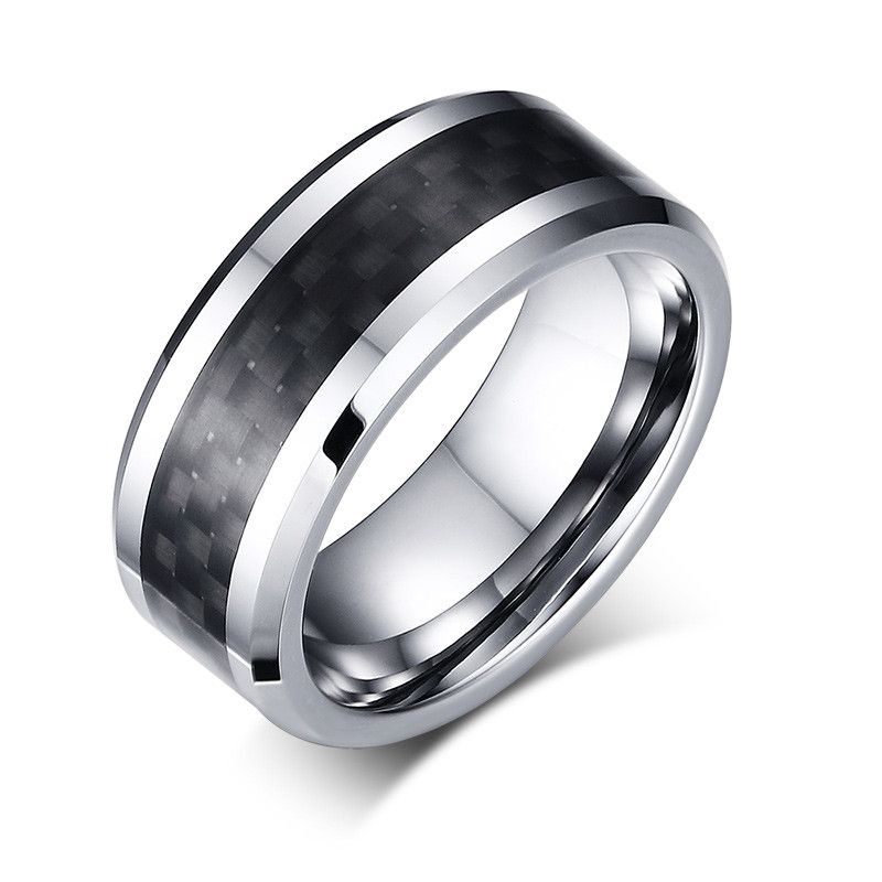 Mens Tungsten Black Carbon Fiber Inlay Wedding Ring