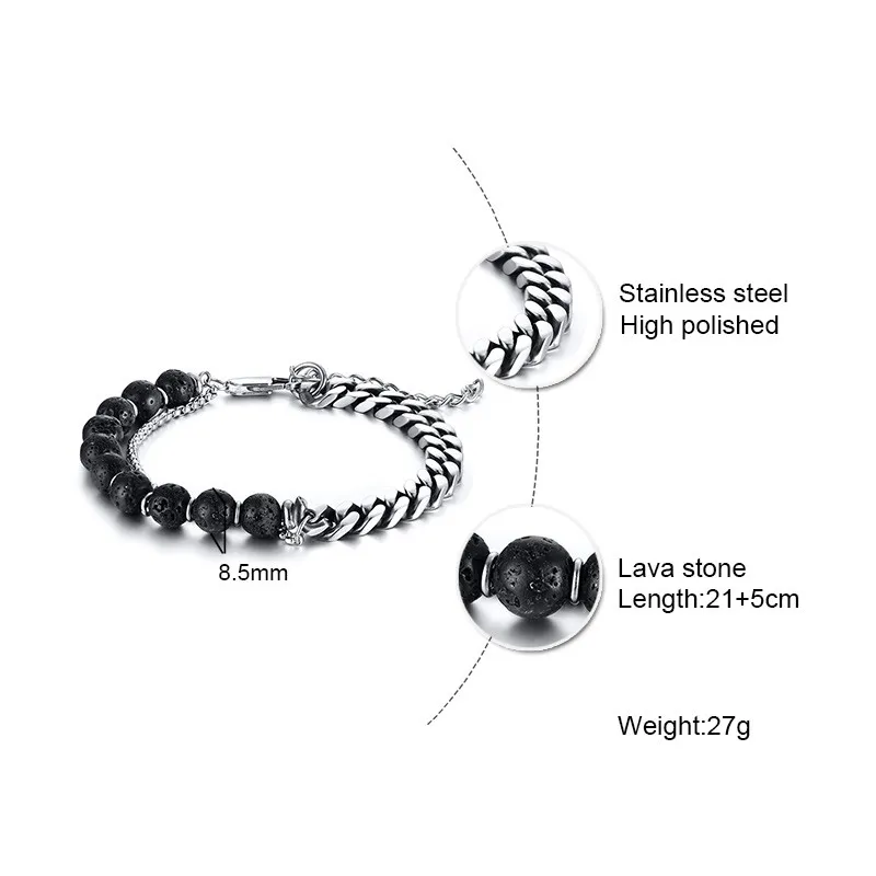 Wholeale Lava Stone and Steel Curb Chain Bracelet