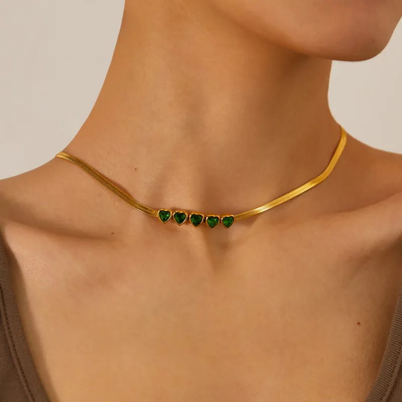Wholesale Stainless Steel Heart Emerald Zirconia Necklace