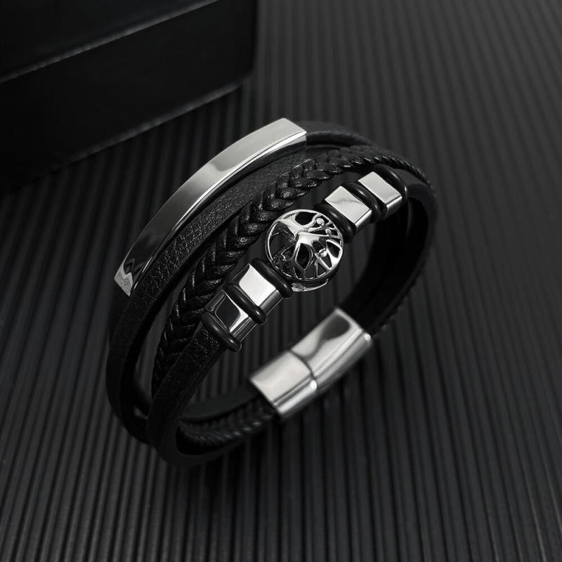 Wholesale Stainless Steel Bark of Life Leather Bracelet