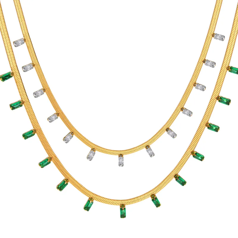 Wholesale Stainless Steel Green Zirconia Flat Snake Chain
