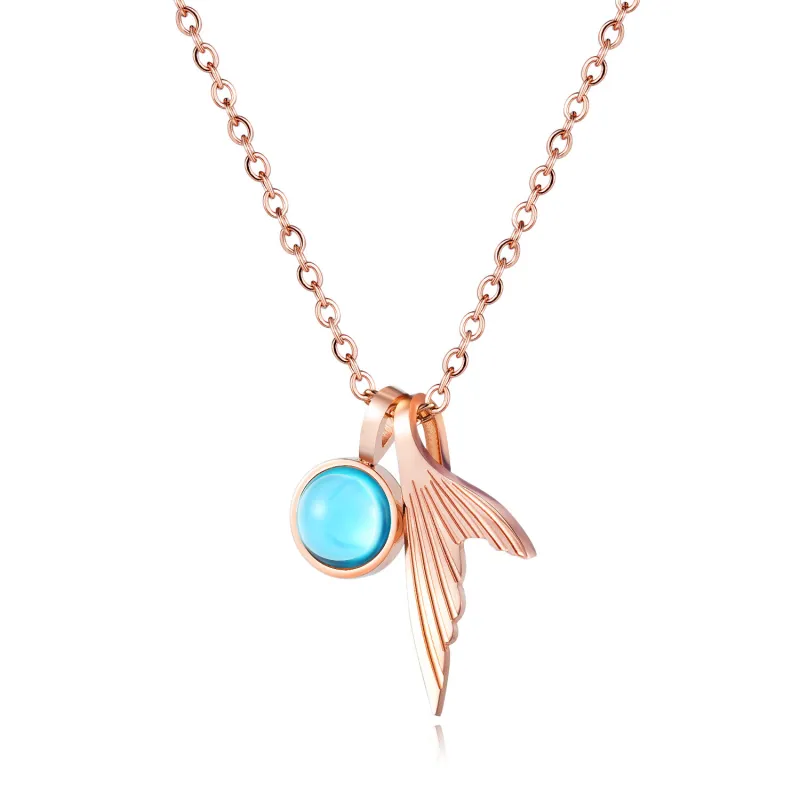 Wholesale Stainless Steel Mermaid Tail Pendant Necklace with Blue Glass