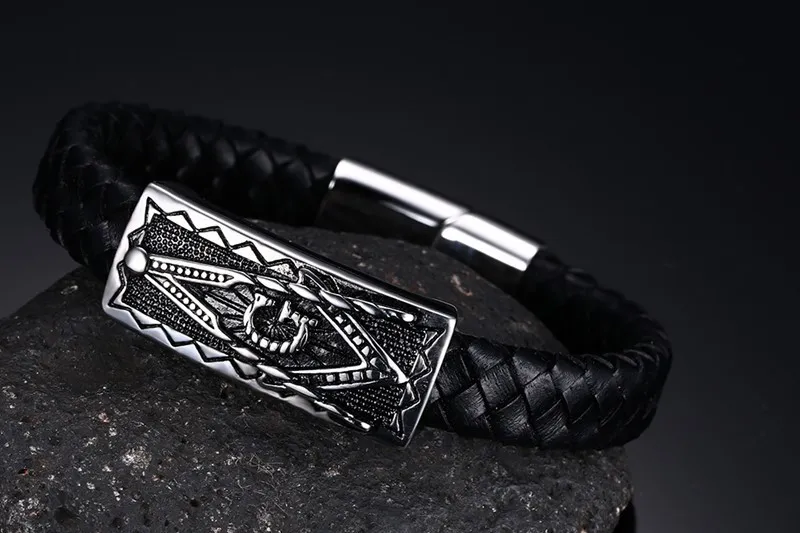 Stainless Steel Masonic Leather Bracelet