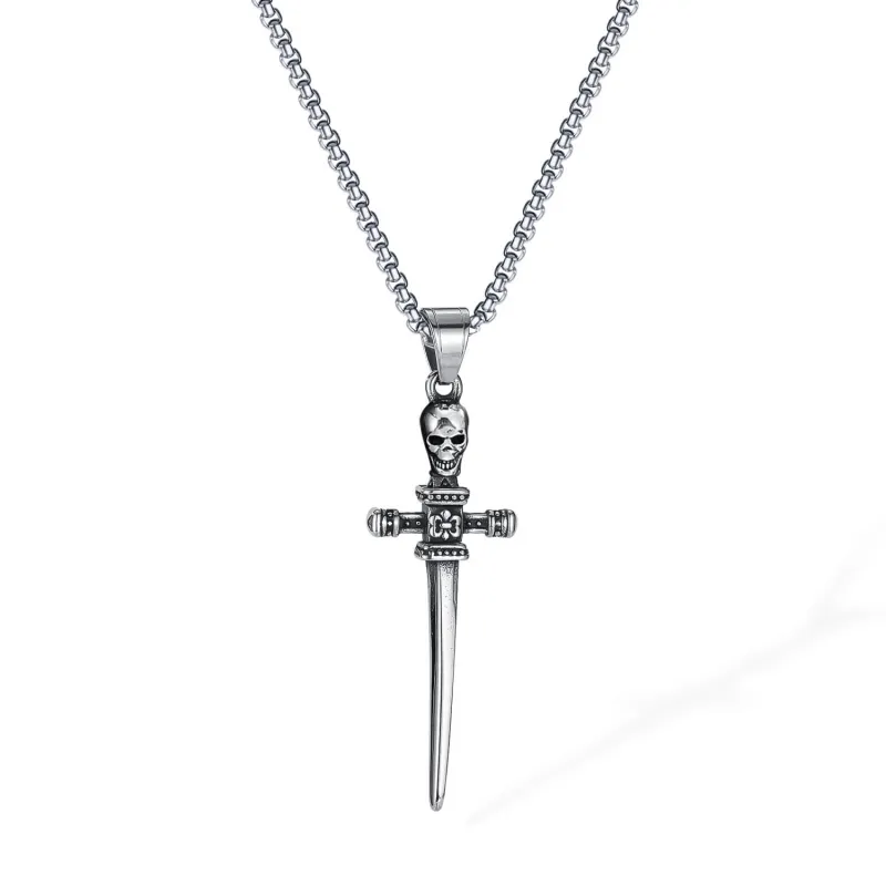 Wholesale Stainless Steel Skull Cross Sword Necklace