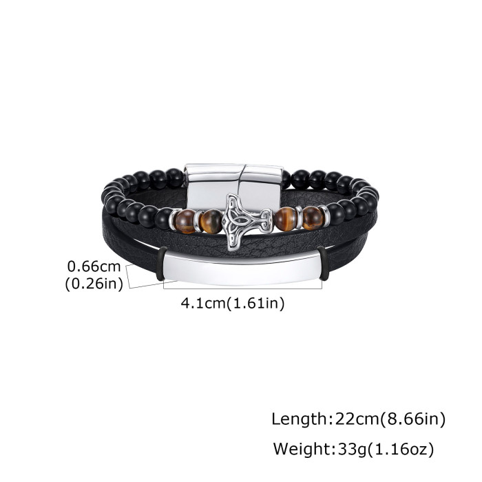 Wholesale Stainless Steel Viking Tiger Eye Leather Bracelet