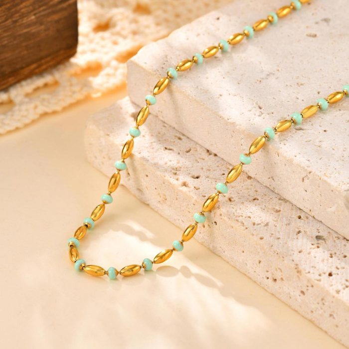 Wholesale Stainless Steel Green Bead Necklace