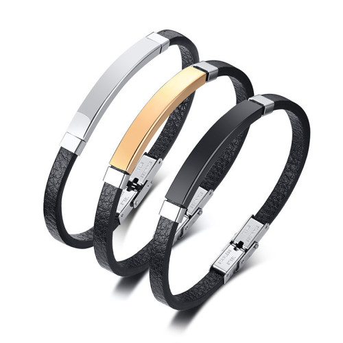 Wholesale Stainless Steel Women Engravable Black Leather ID Bracelet