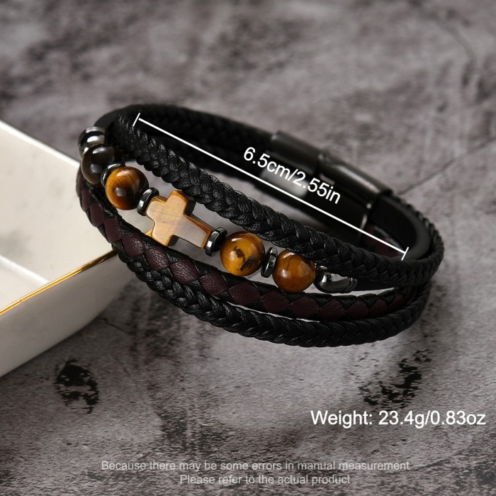 Wholesale Men's Tiger Eye Cross Leather Bracelet