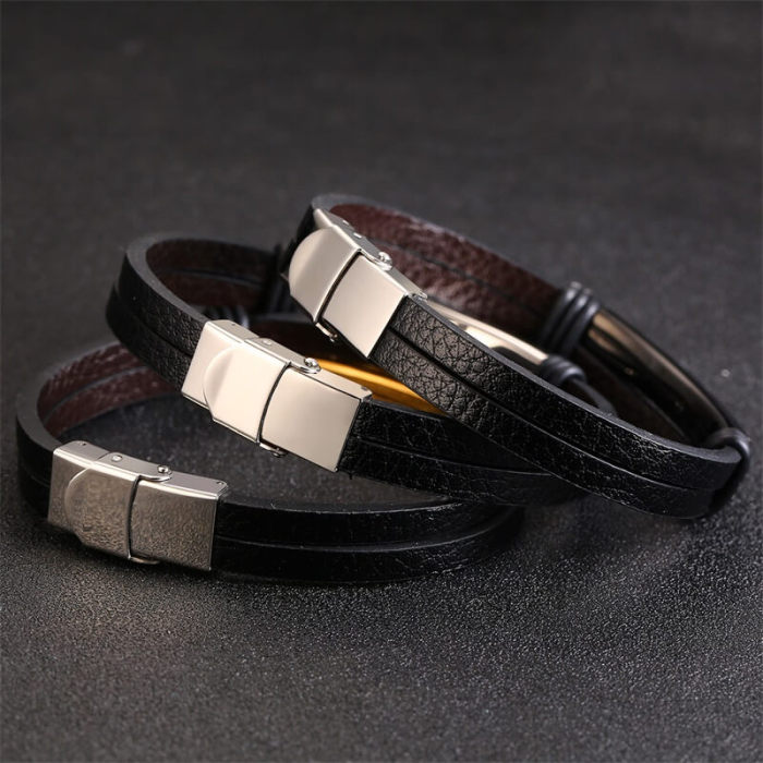 Wholesale Custom Double Layer Black Leather Bracelets