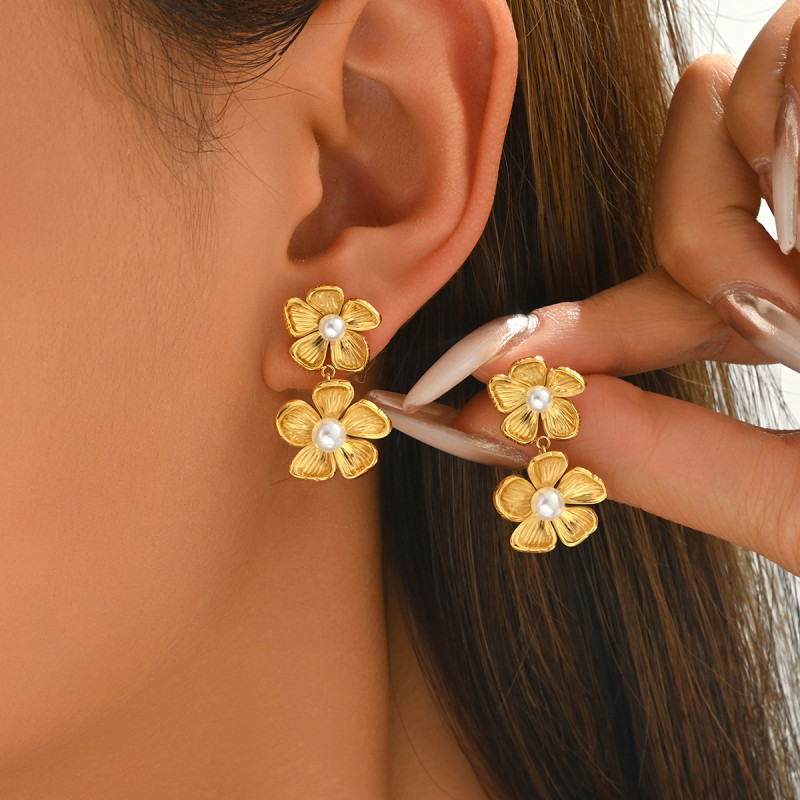 Wholesale Stainless Steel Double Flower Stud Earrings