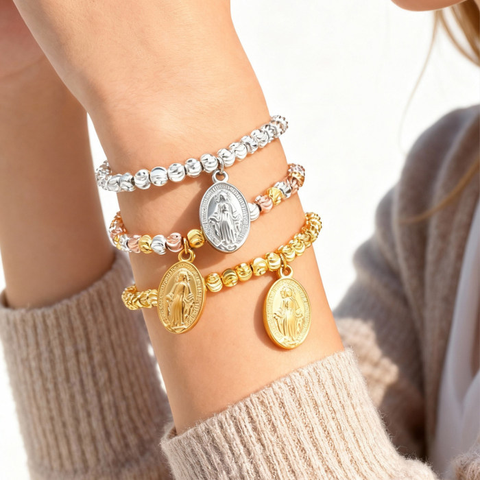 Wholesale Stainless Steel Virgin Mary Medal Bead Bracelet