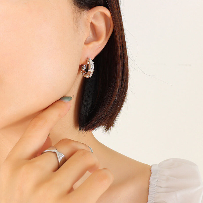 Wholesale Stainless Steel C-shaped Inlay CZ Imitation Pearl Earrings