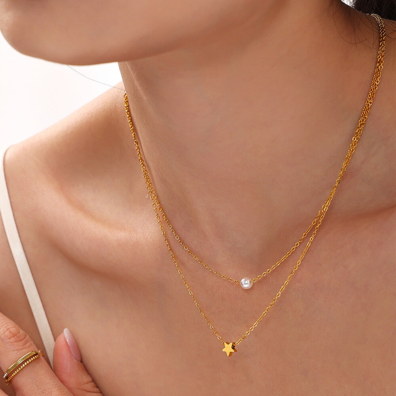 Wholesale Stainless Steel Star Pearl Layers Necklace