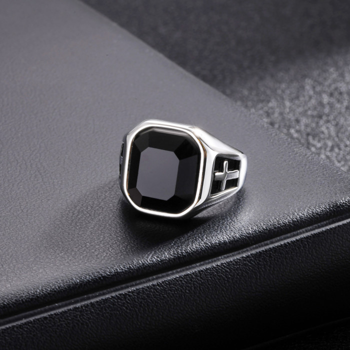 Wholesale Stainless Steel Black Glass Cross Ring