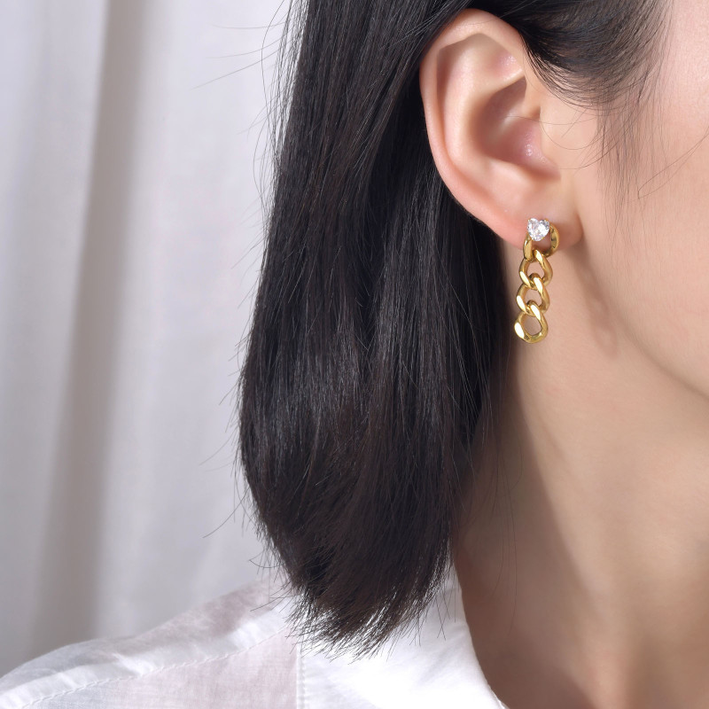 Wholesale Stainless Steel Curb Chain Earrings with Heart CZ