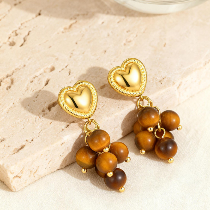 Wholesale Modern Heart Tiger Eye Grape Dangles Earring