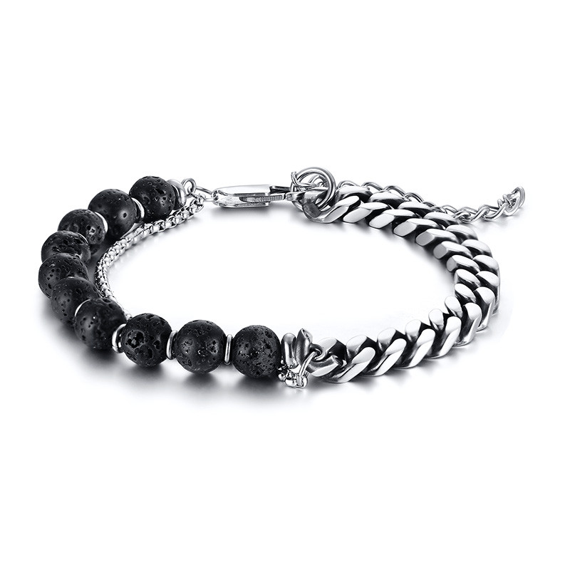 Wholeale Stainless Curb Chain and Lava Rock Beads Bracelet