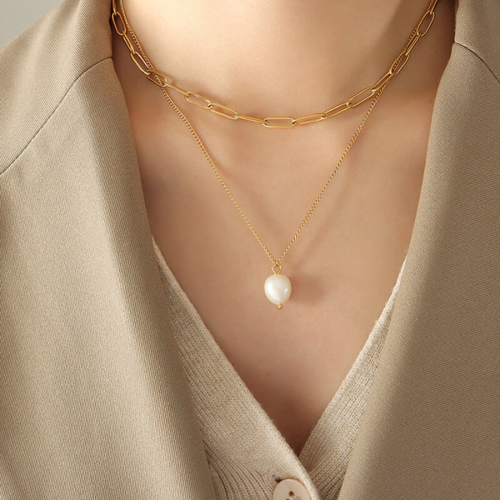 Wholesale Stainless Steel Multi Paperclip Necklace with Pearl