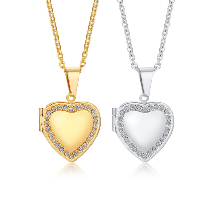 Wholesale Stainless Steel Photo Engraved CZ Heart Frame Pendant
