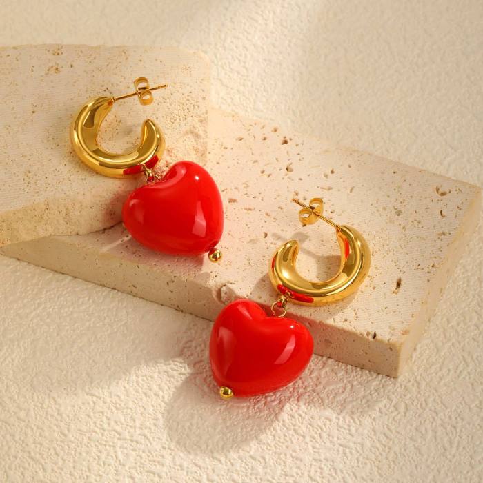 Wholesale Stainless Steel Red Acrylic Heart Earrings