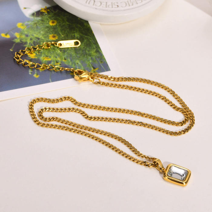 Wholesale Stainless Steel Square Green CZ Necklace