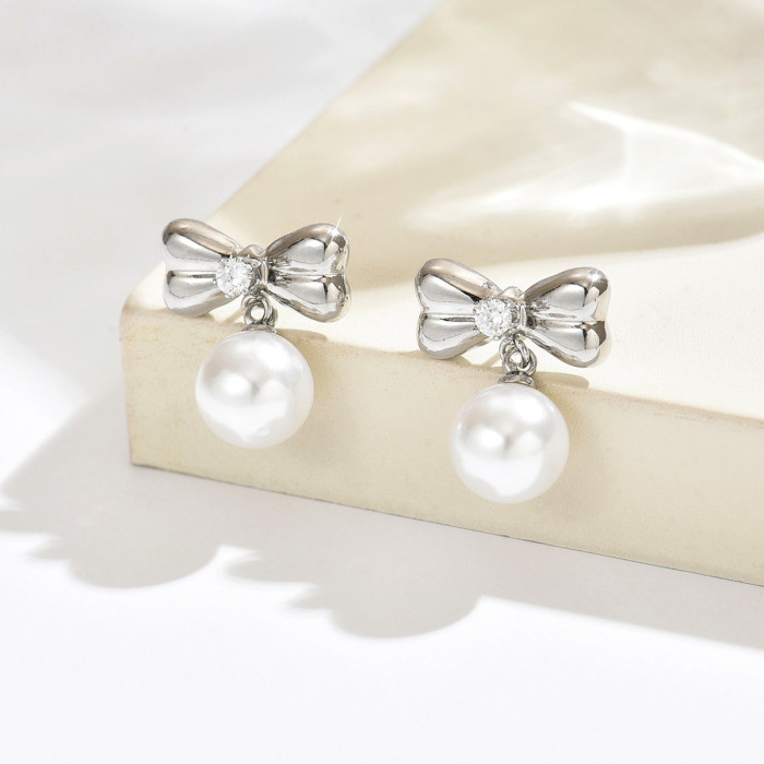 Wholesale Stainless Steel Bowknot Pearl Drop Earrings