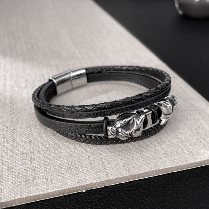 Wholesale Stainless Steel Leopard Head Leather Bracelet