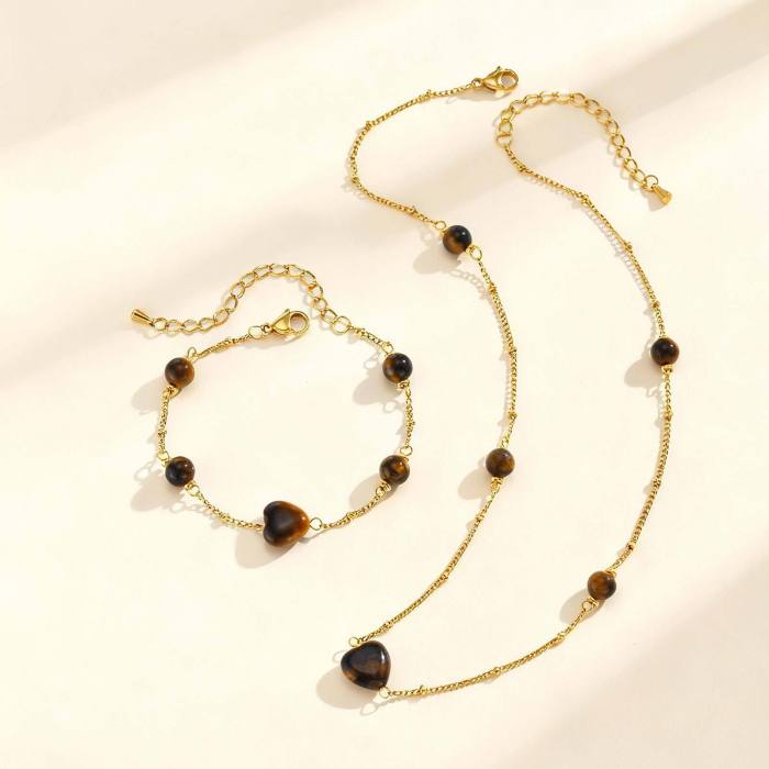 Wholesale Stainless Steel Tiger Eye Heart Necklace & Bracelet Set