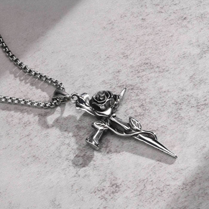 Wholesale Stainless Steel Vintage Rose Cross Pendant