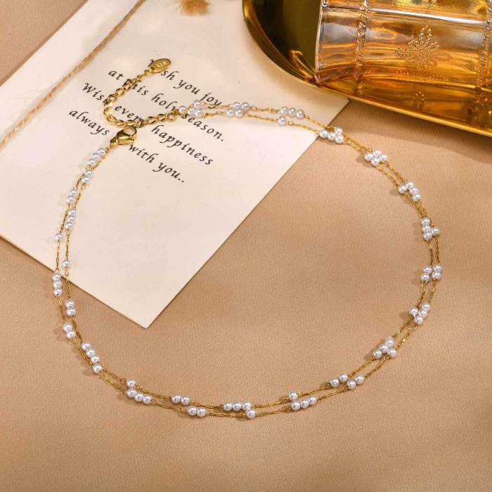 Wholesale Satinless Steel Layered Pearl Chain Necklace