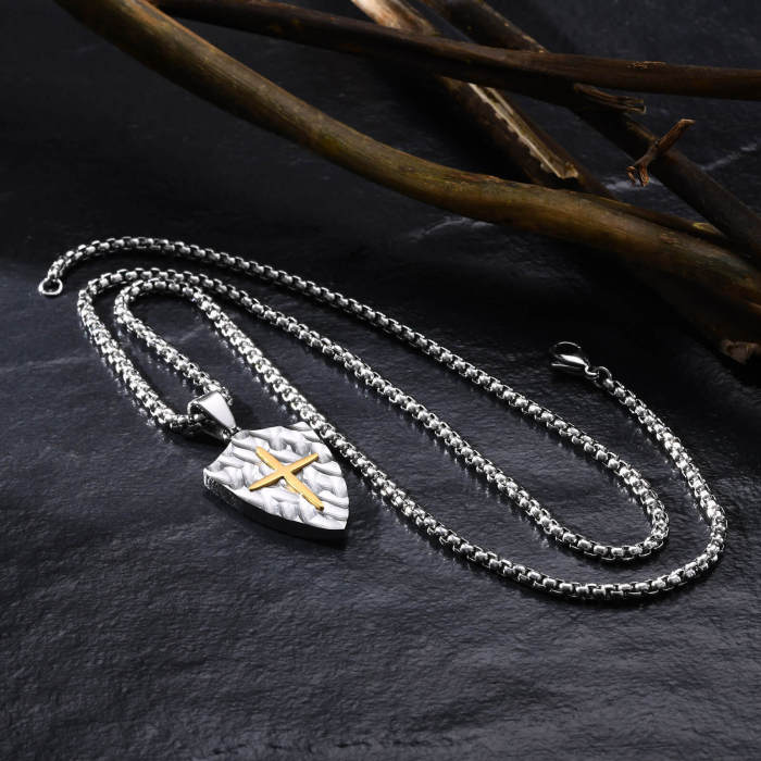 Wholesale Stainless Steel Two-tone Cross Shield Pendant