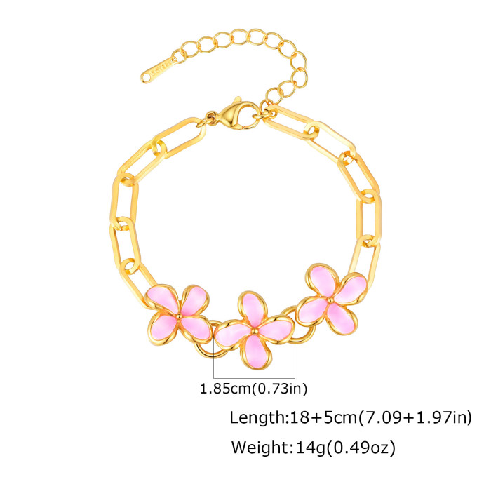Wholesale Stainless Steel Pink Enamel Flowers Bracelet