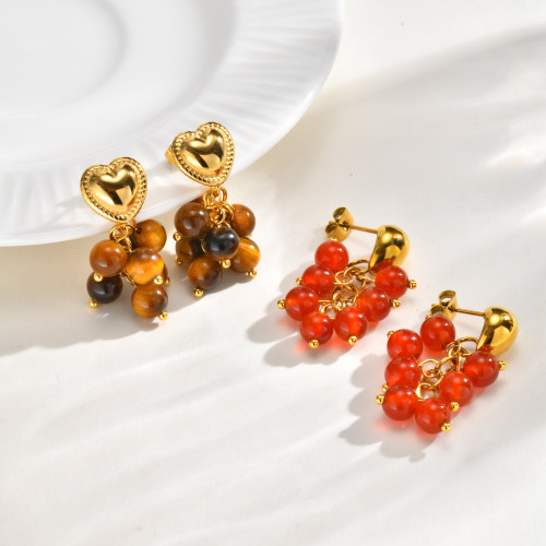 Wholesale Gold Plated Heart Tiger Eye Bead Drop Earrings
