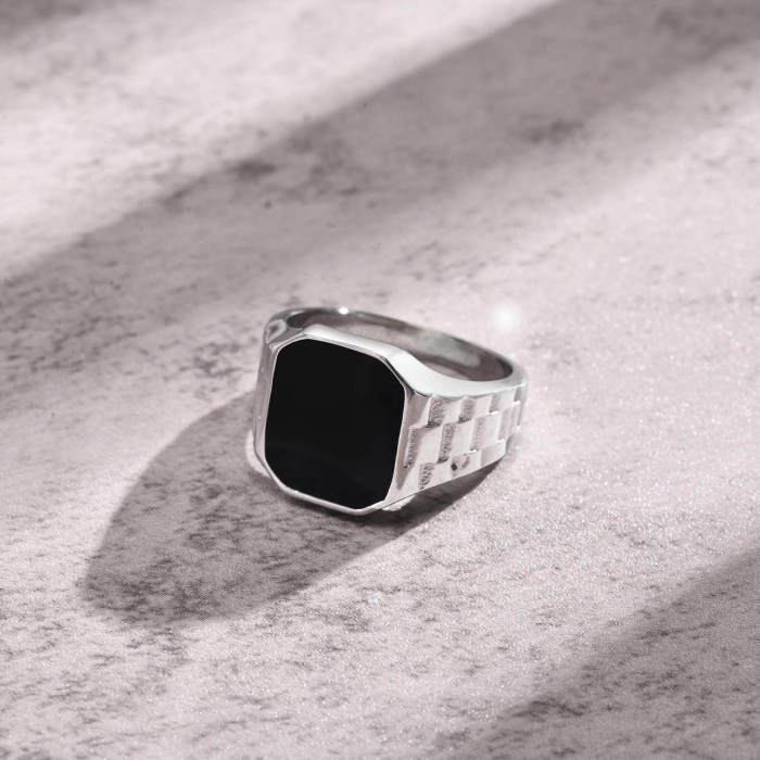 Wholesale Stainless Steel Black Glass Signet Ring