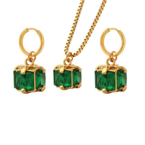 Wholesale Stainless Steel Green Box Square Zircon Pendant & Earring Set