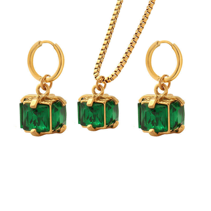 Wholesale Stainless Steel Green Box Square Zircon Pendant & Earring Set