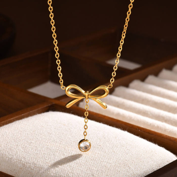 Wholesale Stainless Steel CZ Drop Bow Necklace