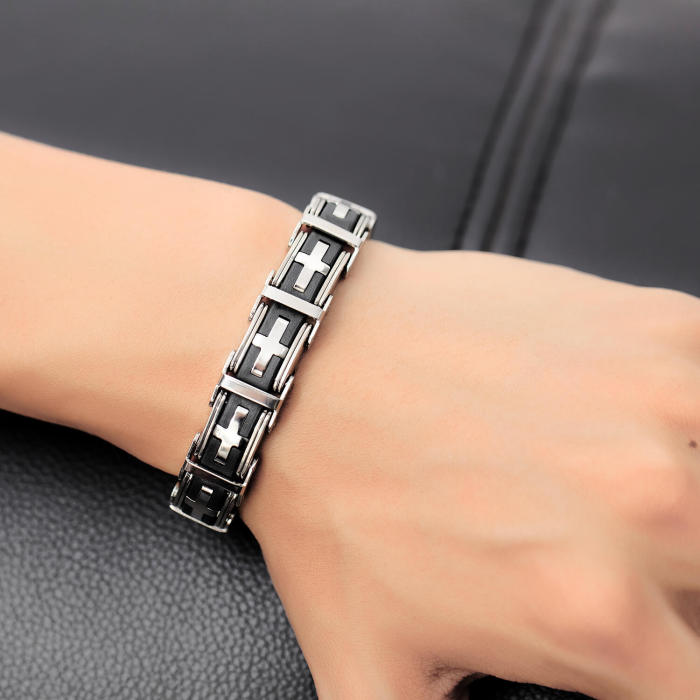 Wholesale Stainless Mens Steel & Silicone Cross Bracelet