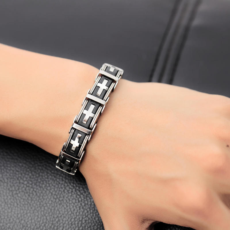 Wholesale Stainless Mens Steel & Silicone Cross Bracelet