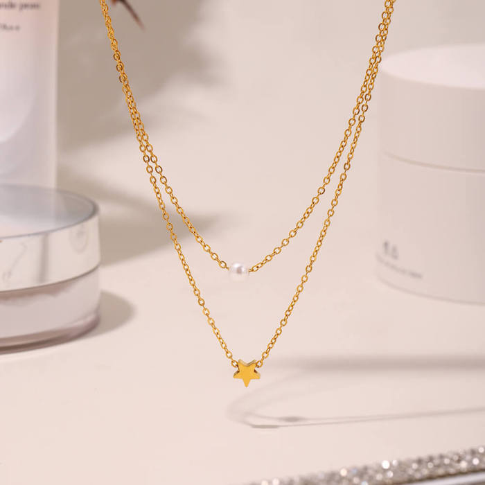Wholesale Stainless Steel Star Pearl Layers Necklace