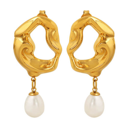 Wholesale Stainless Steel Irregular Hollow Geometric Pearl Drop Earrings