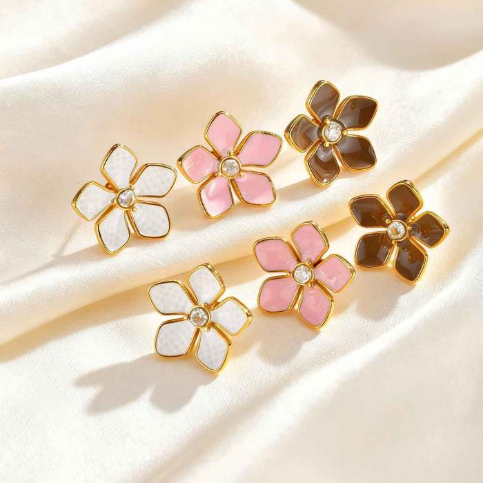 Wholesale Stainless Steel Gold Flower Enamel Stud Earrings