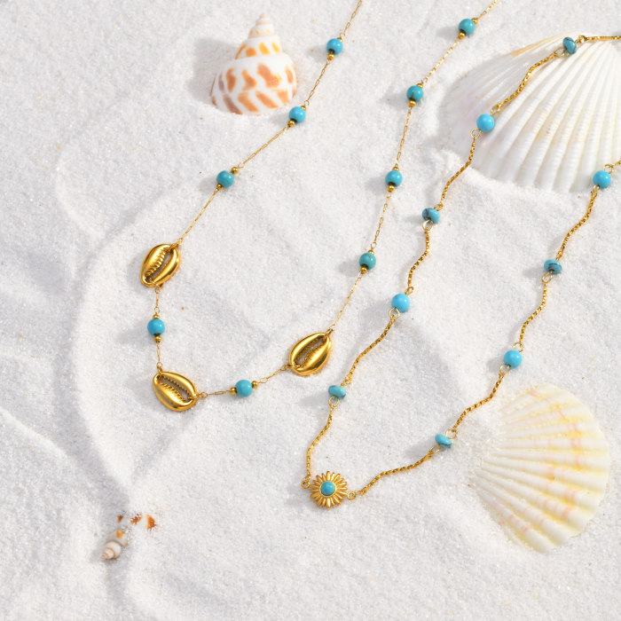 Wholesale Stainless Steel Layered Turquoise & Cowrie Shell Necklace